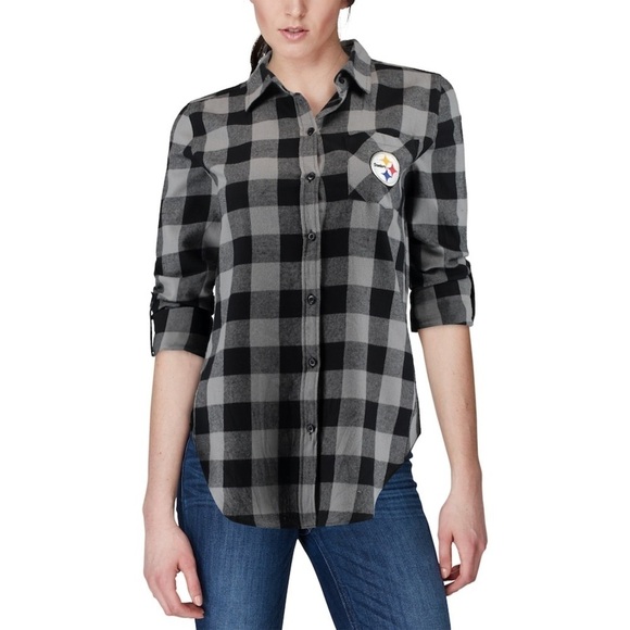 Pittsburgh Steelers Juniors Black Front Knot Plaid Size XL Button-Up Shirt NWT - Picture 1 of 16